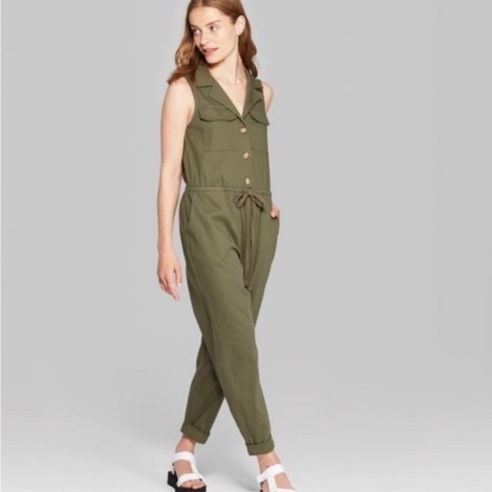 Wild Fable Dark Green Button-Front Jumpsuit